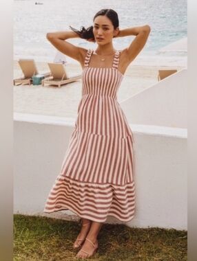 Marine Layer Selene Stripe Maxi Cotton Gauze Tiered Dress Size L